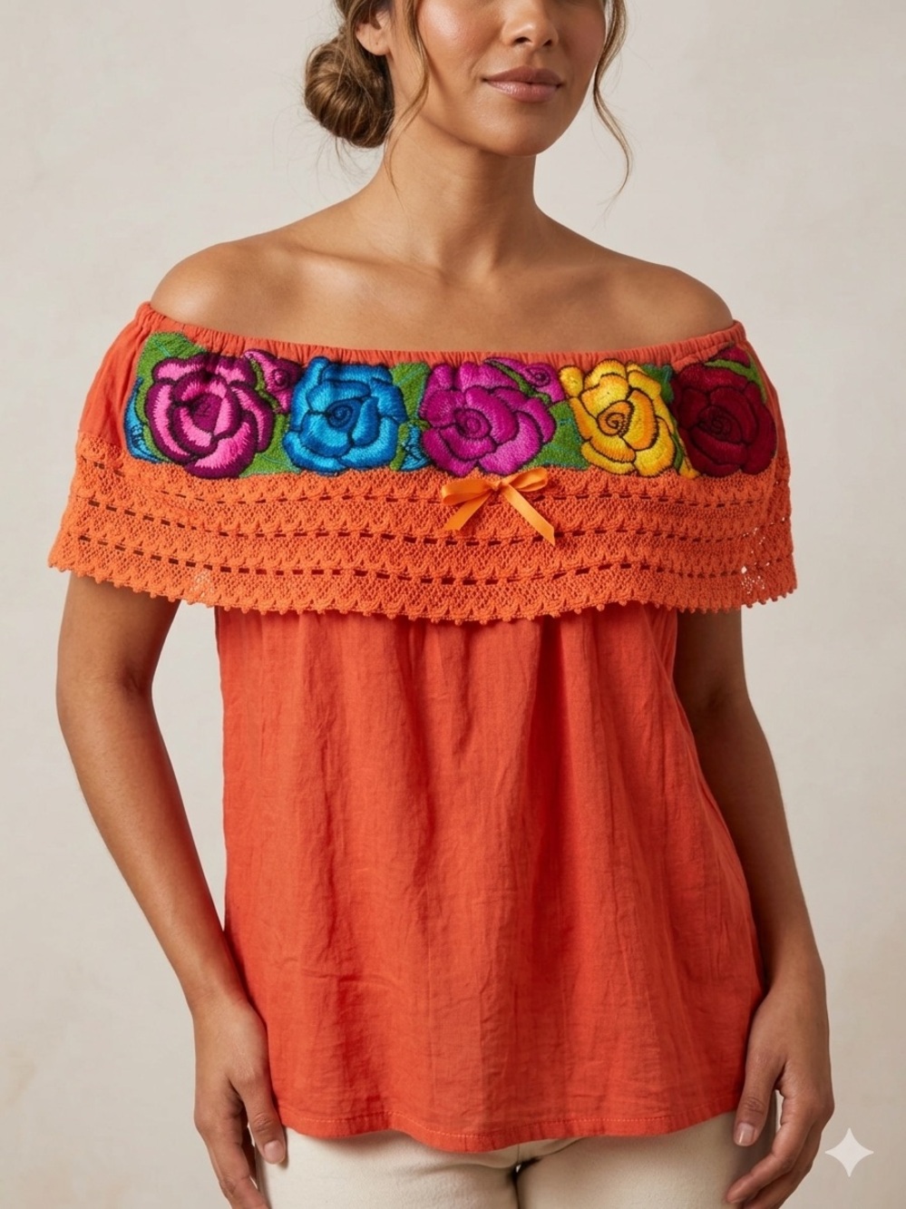 Mexican Embroidered Off-Shoulder Top – Orange Boho Floral Peasant Blouse Festive